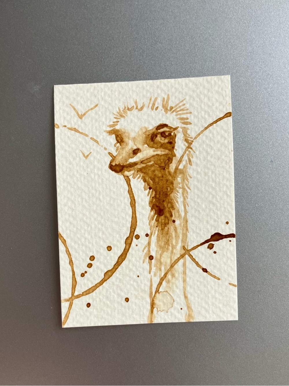 ORIGINAL coffee ostrich painting bird art miniature realism aceo artwork USA